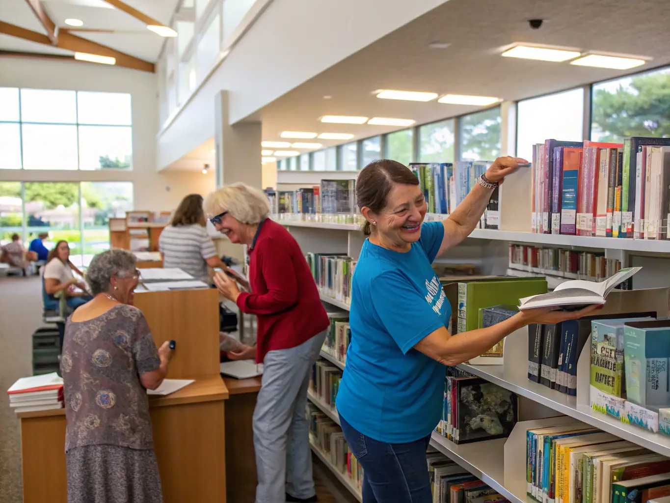 A heartwarming image showing volunteers assisting community members in selecting books and participating in a reading event, emphasizing the organization's commitment to inclusivity and support.