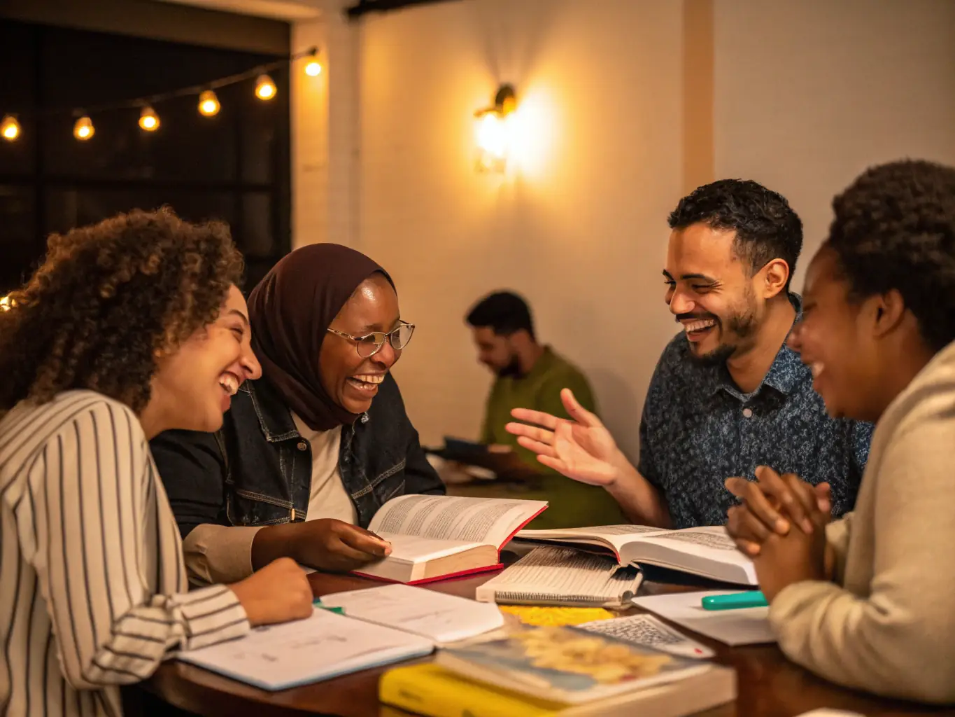 A photograph showcasing adults participating in a book club discussion at RENDEZ-VOUS LECTURE, highlighting the lively conversation and the sense of community.