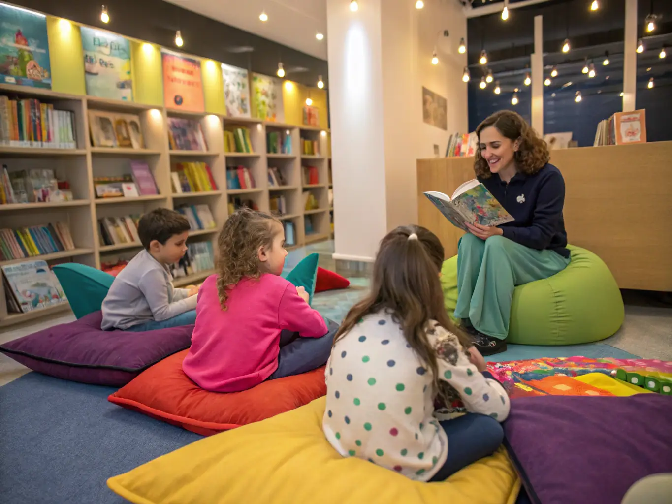 A vibrant image of children participating in a storytelling session at Rendez-Vous Lecture, surrounded by books and engaged in the narrative.