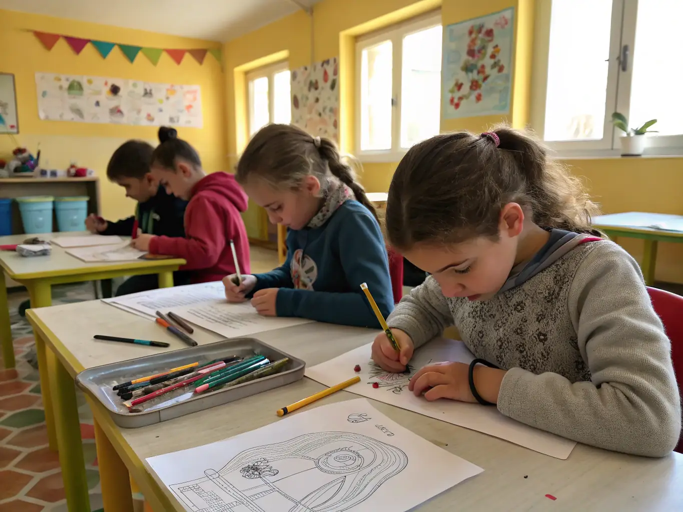 A collaborative art project between RENDEZ-VOUS LECTURE and a local school, with children creating artwork inspired by their favorite books in Champagne-Mouton.