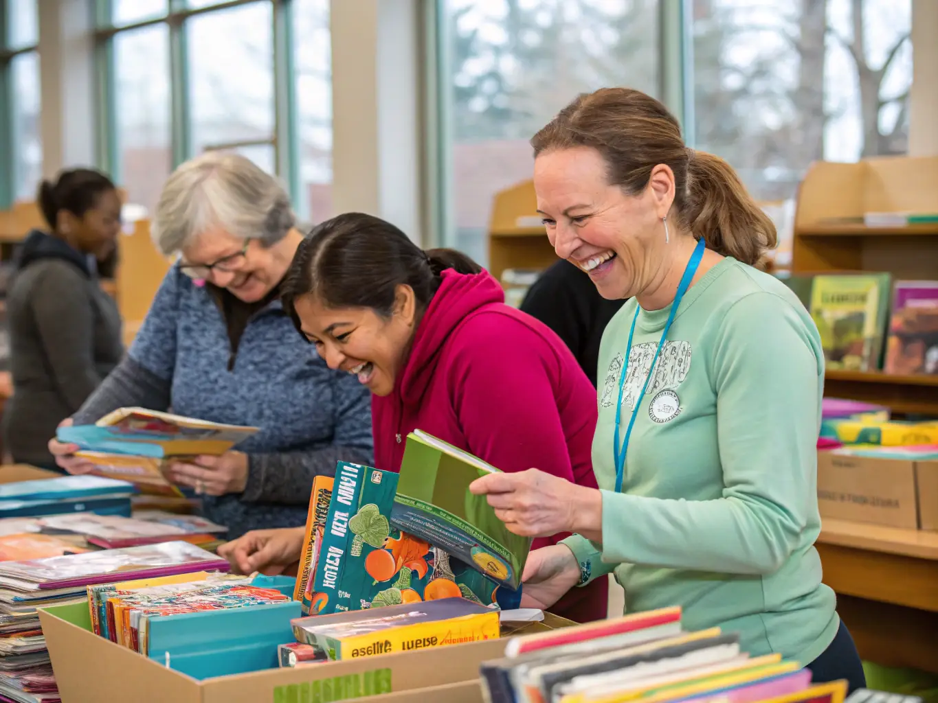 A group of volunteers assisting with setting up books for a community reading event in Champagne-Mouton, showcasing the collaborative spirit of RENDEZ-VOUS LECTURE.