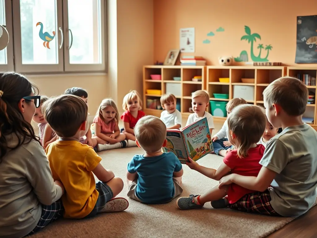 A vibrant image depicting children participating in a storytelling session at RENDEZ-VOUS LECTURE, with a focus on their engaged expressions and the colorful books surrounding them.